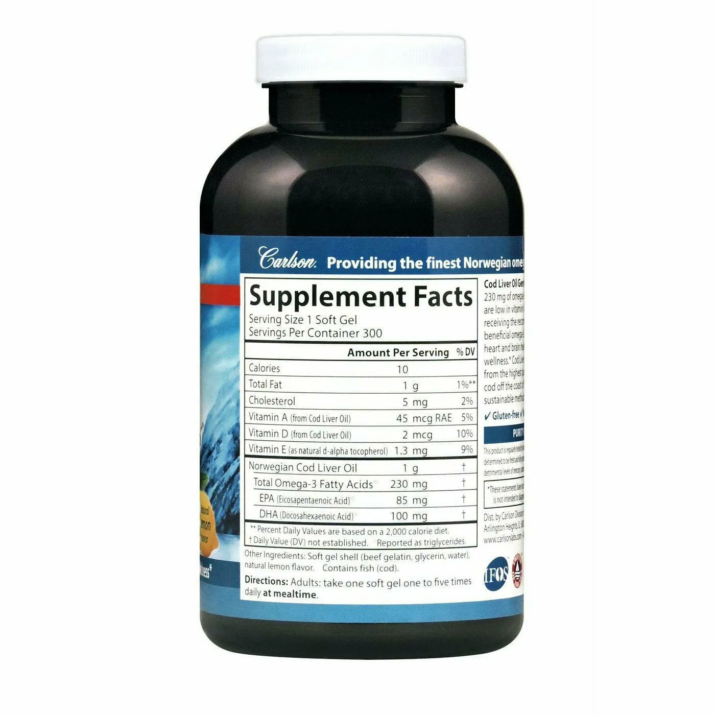 Cod Liver Oil Low Vit A 1000 mg 300 gels by Carlson Labs
